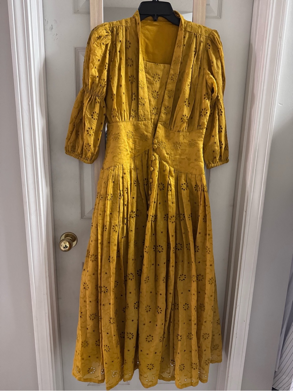 Women's mustard yellow Eyelet Dress with Pleated Skirt